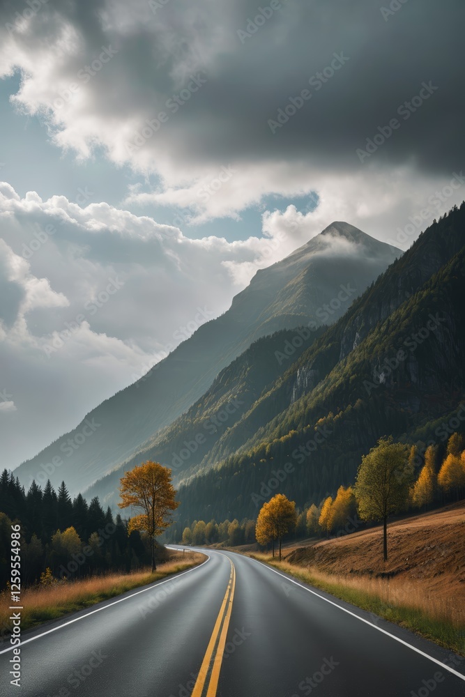 Naklejka premium there is a long road with a yellow line going through the mountains