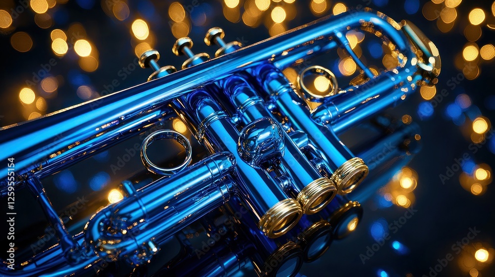 Fototapeta premium Blue trumpet, bokeh lights, stage, musical instrument