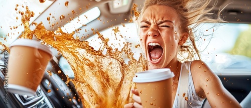 Blonde Woman Spilling Coffee Inside Car with Frantic Expression While Driving in Motion