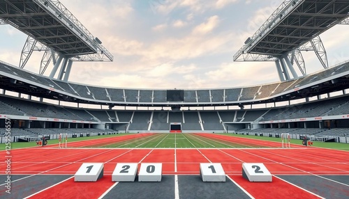 Empty Stadium Ready for the Race, Modern Architecture and Athletic Track