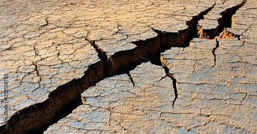 Deep cracks spreading across dry, parched earth, revealing a widening fissure. The fractured ground hints at hidden instability, capturing the raw power of geological change photo