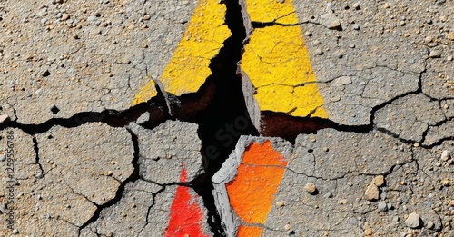 Deep cracks spreading across dry, parched earth, revealing a widening fissure. The fractured ground hints at hidden instability, capturing the raw power of geological change