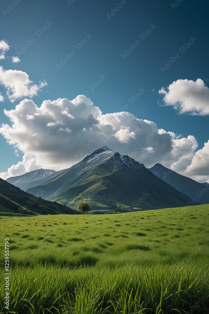 Obraz premium there is a lone tree in a field of grass in front of a mountain