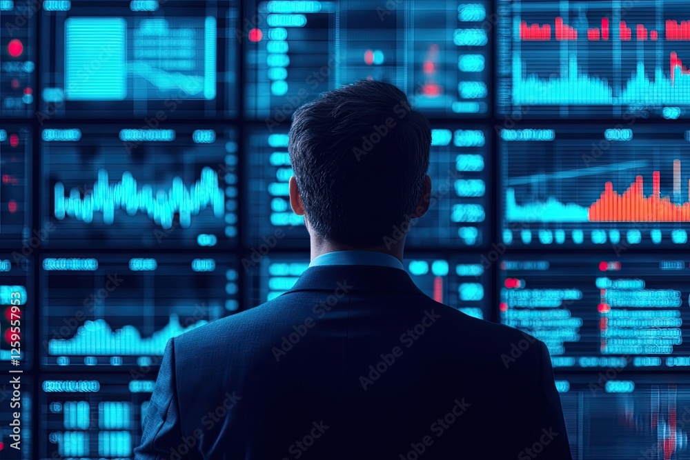 A man in a suit analyzes data on multiple screens displaying graphs and charts in blue and red tones. A man in a suit analyzes data on multiple screens displaying graphs and charts in blue and red tones.