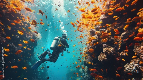 Underwater Diver Surrounded by Colorful Fish