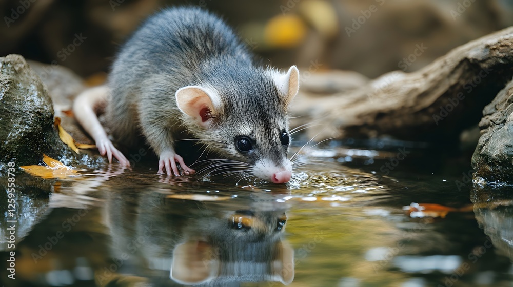 Fototapeta premium Opossum View of a drinking water from a lake