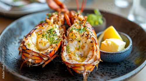 beautifully plated whole lobster, split in half, with lemon wedges and a small dish of drawn butter on the side