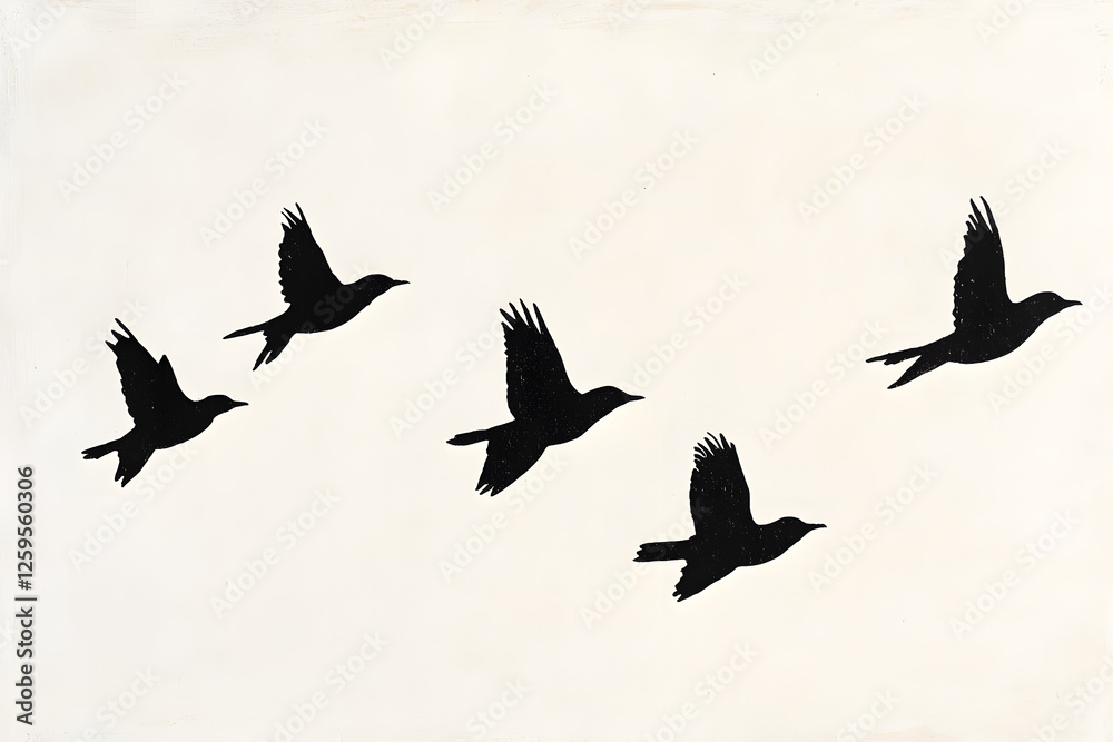 Fototapeta premium Black bird silhouettes flying in formation, minimalist nature art, flock of birds in sky, freedom concept, wildlife migration, simple aesthetic, artistic black and white image