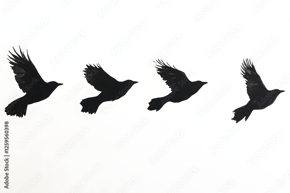Obraz premium Flying bird silhouettes vector illustration, black crow in motion, minimal bird flight design, raven shadow art, wildlife nature graphic, flock of birds tattoo inspiration