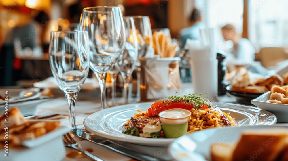 Colorful gourmet dish served in a vibrant restaurant setting Colorful gourmet dish served in a vibrant restaurant setting