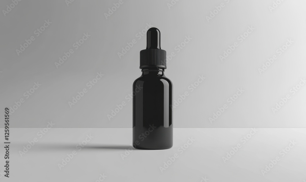 Black glass dropper bottle on white background; product packaging mockup Black glass dropper bottle on white background; product packaging mockup
