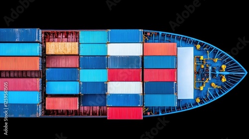 Aerial view of a cargo ship loaded with colorful shipping containers against a dark background, showcasing the logistics of maritime transport.