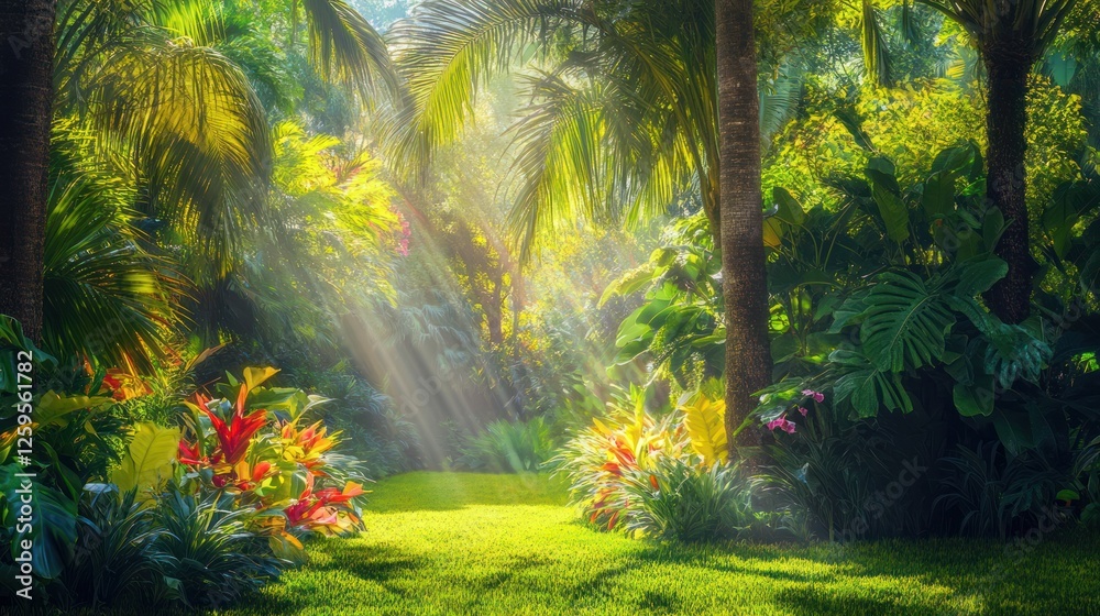 Obraz premium Tropical Garden Sunbeams Lush Greenery Paradise