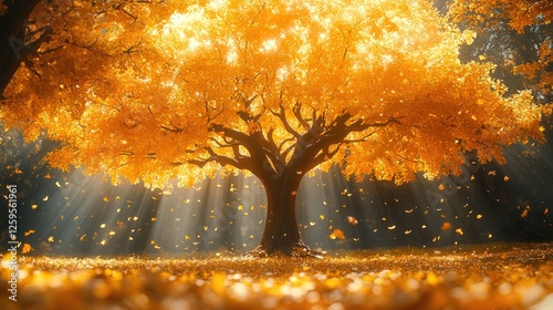 Majestic autumn tree with vibrant orange leaves surrounded by falling foliage and soft sunlight