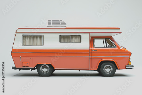 Orange and white van with roof parked on the street in a suburban area during daytime
