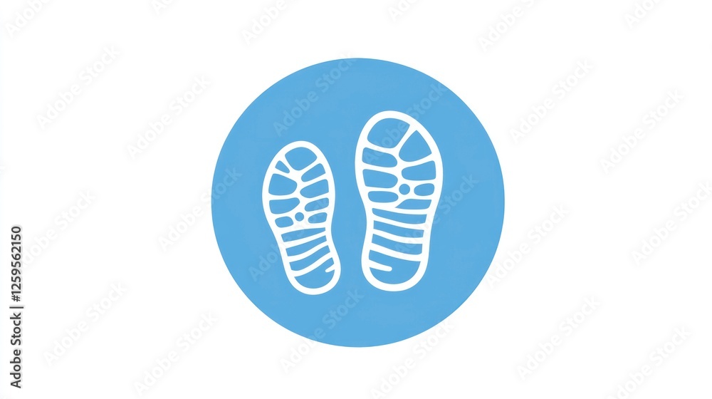 icon of two shoe prints in a blue circle, on a white background. The design is minimalistic icon of two shoe prints in a blue circle, on a white background. The design is minimalistic
