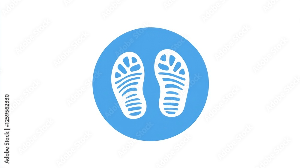 icon of two shoe prints in a blue circle, on a white background. The design is minimalistic icon of two shoe prints in a blue circle, on a white background. The design is minimalistic