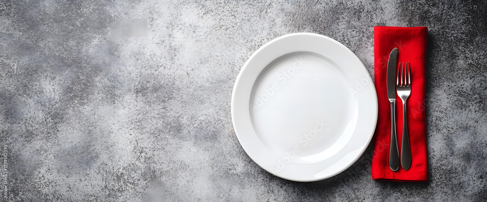 Simple Elegant Table Setting with White Plate and Red Napkin on Grey Background