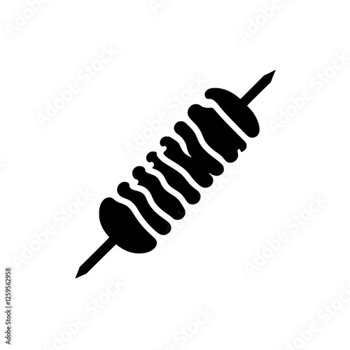 Black and White Icon of Shish Kebab: A minimalist black and white icon depicting a shish kebab on a skewer, ideal for food-related websites, apps, and graphic designs.