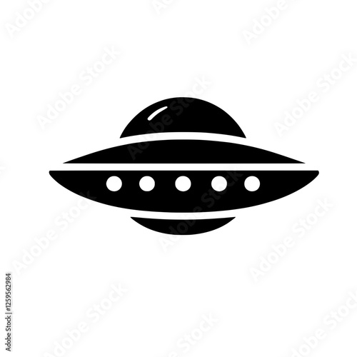 UFO Icon: A simple yet striking black and white illustration of a classic flying saucer, perfect for representing extraterrestrial life, science fiction, or mysterious phenomena.  