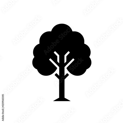 Simple Tree Icon: A minimalist black silhouette of a tree, ideal for logos, websites, or app icons.  The design is clean, simple, and versatile. 