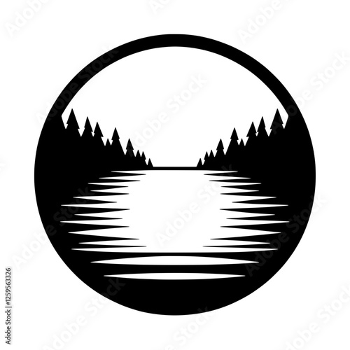 Serene Lake in the Woods:  A minimalist black and white illustration of a tranquil lake nestled amidst a forest, framed within a circular design.  The image evokes calmness and natural beauty. 