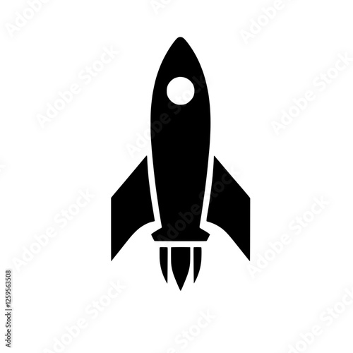 Rocket Launch Icon: A bold, black silhouette of a rocket blasting off, symbolizing rapid growth, innovation, and a dynamic start. Perfect for illustrating concepts of progress, speed, and ambition. 