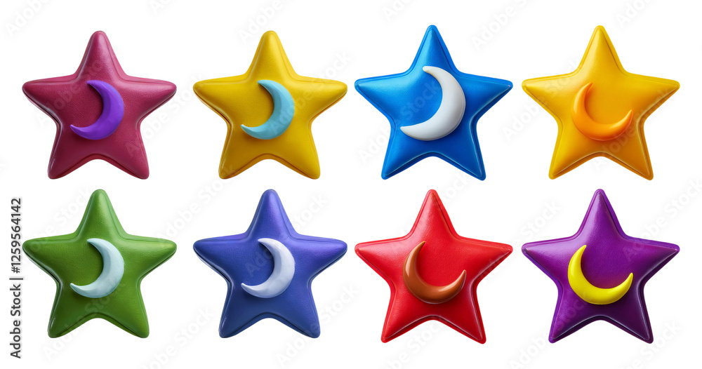 Colorful Stars with Moon Designs on a Vibrant Background, isolated on transparent background Colorful Stars with Moon Designs on a Vibrant Background, isolated on transparent background