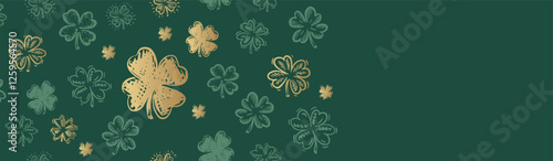 Gold Clover pattern on green, Saint Patricks Day, hand drawn illustrations.	
