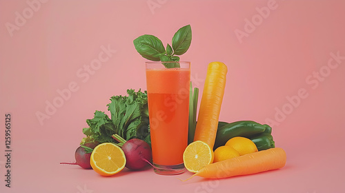 Fresh vegetable juice drink with carrots, beets, and citrus fruits on pink background. Healthy lifestyle concept for blogs and websites photo