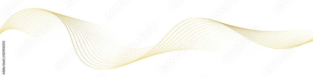 Golden line wave, abstract wavy curves, luxury flow art ribbons, elegant decoration isolated on white. Vector illustration.