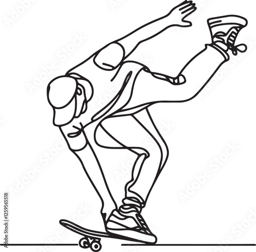 Dynamic Line Drawing of Skateboarder in Handplant Action