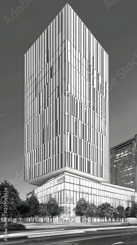 Modern skyscraper architectural design, city night view, urban development, potential for commercial use