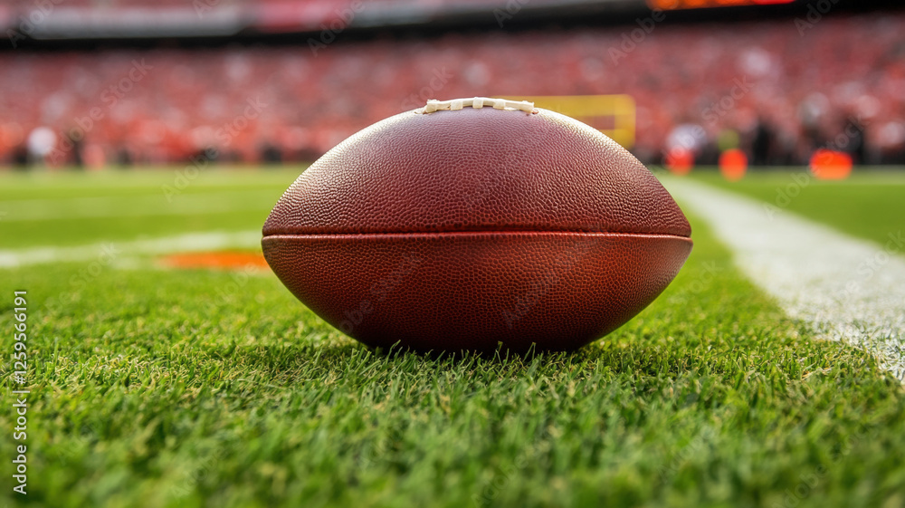 American Football on Green Field with Stadium and Goalposts in the Background