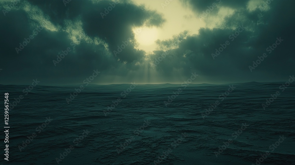 Fototapeta premium Dark oceanic landscape with dramatic clouds and rays of light breaking through the horizon