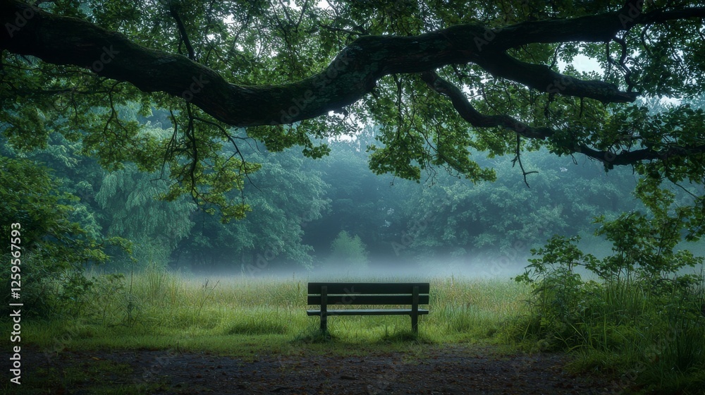 Serene park bench surrounded by misty fog in a tranquil green landscape with trees and vibrant foliage Serene park bench surrounded by misty fog in a tranquil green landscape with trees and vibrant foliage
