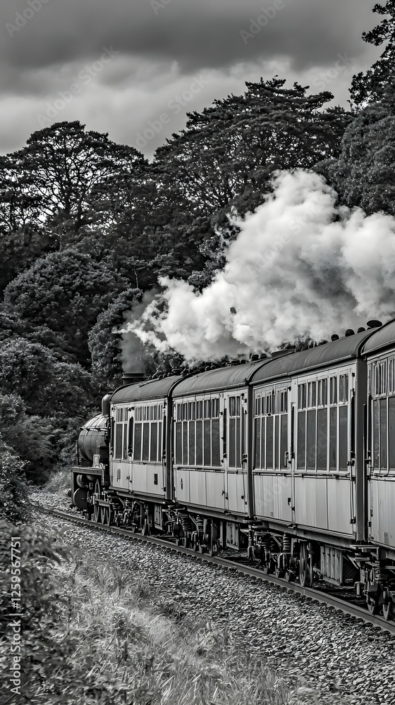 Steam train journey through woodland, countryside travel, black and white nostalgic image, ideal for travel brochures