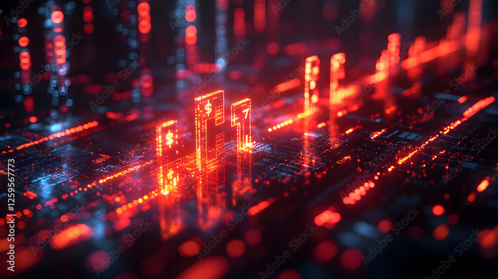 Fototapeta premium Abstract digital landscape with glowing red data streams and circuit patterns