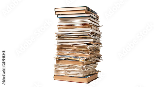 Tall Stack of Old Books and Papers on Black Background
