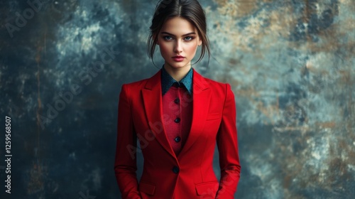 Stylish English woman in red suit with notch lapel photo