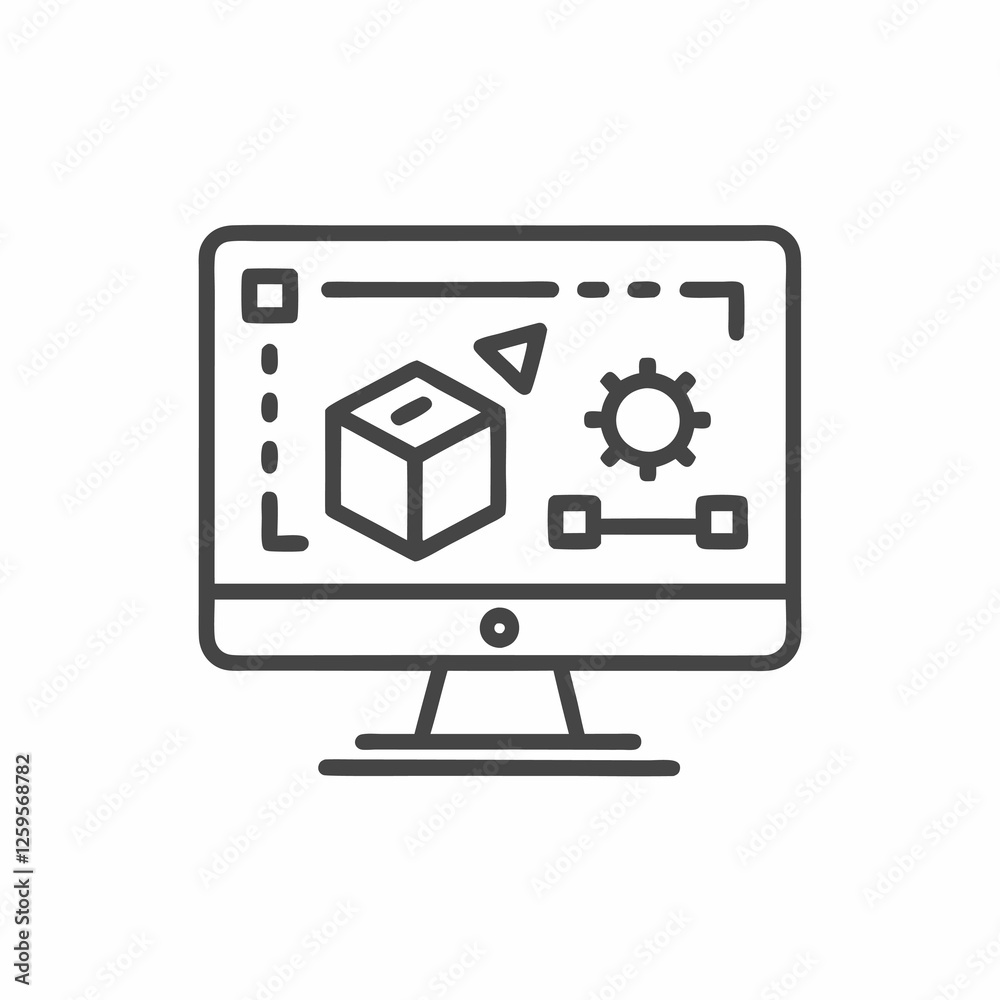 This artwork showcases a computer screen displaying a three-dimensional cube surrounded by design tools, emphasizing the creative process of digital modeling and software interaction. This artwork showcases a computer screen displaying a three-dimensional cube surrounded by design tools, emphasizing the creative process of digital modeling and software interaction.
