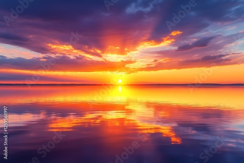 A breathtaking sunset over a tranquil lake the sky filled with vibrant oranges and purples reflecting on the water's surface