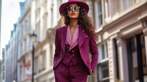 Modern English woman in burgundy threepiece suit with pink accents