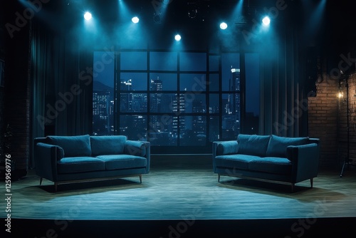 Two teal velvet sofas face a cityscape view at night. Ideal for talk show, interview, or discussion concepts.