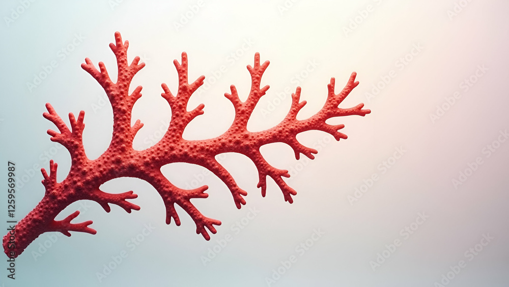 Title: A Delicate Curved Red Coral Branch with Intricate Details
Title: A Delicate Curved Red Coral Branch with Intricate Details