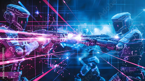 Futuristic battle between two robotic warriors in a vibrant digital landscape