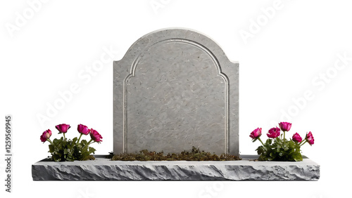 Blank Headstone Grave Memorial with Pink Flowers