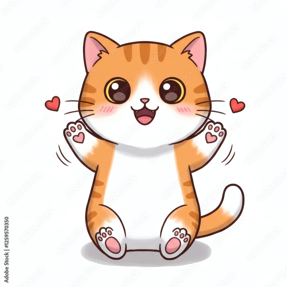 Cute Cartoon Cat Waving with Hearts Expressing Love and Happiness Cute Cartoon Cat Waving with Hearts Expressing Love and Happiness