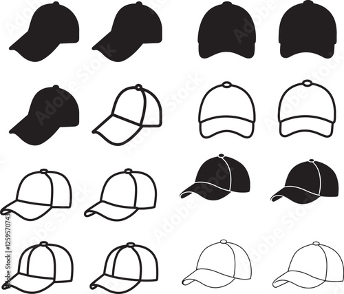 Set of cap icons. Flat and line art style. Vector illustration isolated on white background