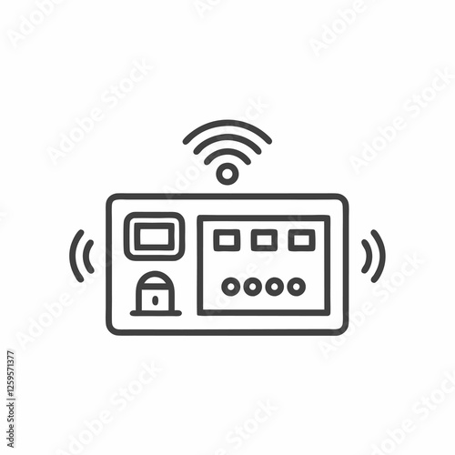 A sleek smart home control panel features various buttons and screens for managing home systems like security, lighting, and climate. Wireless signals suggest connectivity.